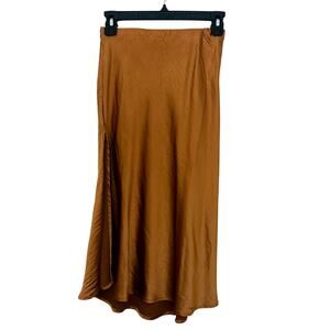 Womens Midi Skirt Brown Side Slit A-Line Swing Lightweight Mid-Rise S